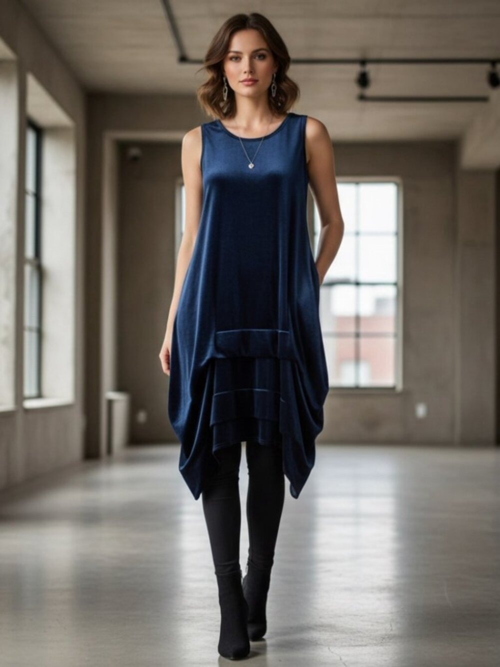 NEW Sympli Sleeveless Dream Tuck Dress in Navy Velvet 10